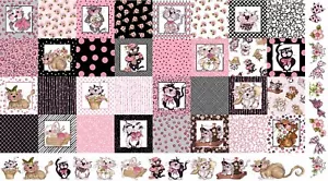 Loralie Fancy Cats Fabric 24"X44" Panel Medley Pink Black Cotton Loralie Designs - Picture 1 of 1