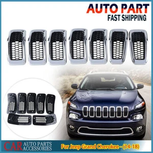 7x Black Honeycomb Mesh Chrome Ring Grill Inserts Cover For Jeep Cherokee 14~18 - Foto 1 di 9