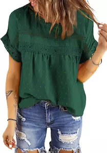 Womens Summer Tops Crewneck Lace Crochet Short Sleeve Shirts Casual Chiffon Blou - Picture 1 of 12