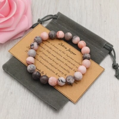 PINK ZEBRA JASPER Bracelet Stretch Handmade Gift Bag & Card Crystal Gemstone 8mm - Image 1 of 4
