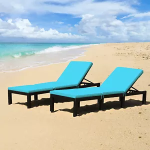 2PCS Adjustable Rattan Patio Chaise Lounge Chair Couch w/ Turquoise Cushion - Picture 1 of 10