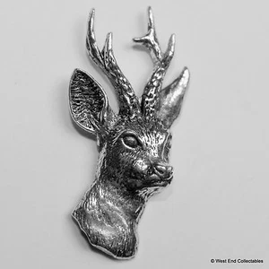 Roe Deer Stag Head Pewter Pin Brooch - British Artisan Signed Badge - Hunting - Bild 1 von 3
