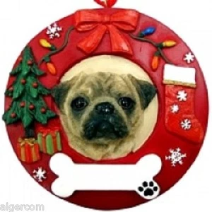 E&S Pets Holiday Christmas Round Resin Ornament NEW Pug Tan Fawn Dog - Picture 1 of 1