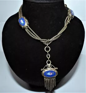 VICTORIAN GILT & ENAMEL FLOWERS ALBERTINA SWAG NECKLACE FOXTAIL TASSEL PENDANT - Picture 1 of 12