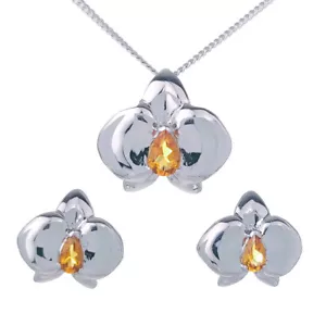 Juego de pendientes collar citrino plata esterlina flor orquídea piedra de nacimiento de noviembre - Imagen 1 de 11