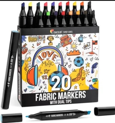 3 Paquetes - Marcadores de Tela Zenacolor, x 20 Punta Doble, Fino + Cincel Pt, 20 Colores Foto 1 de 4