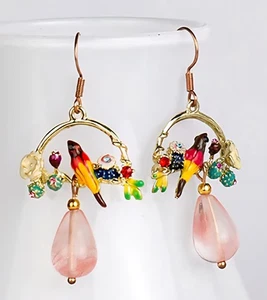 Pink Calcedony Pendant Earrings Gold Tone Dangle Enamel Bird New - Picture 1 of 3