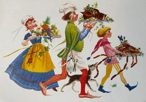 VTG California Artists Christmas Card “Fit For A King” Madeleine Mays Lots Food - Picture 1 of 4
