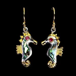 925 Sterling Silver Earrings Round Ruby Myanmar Mop Seahorse Gemstone Jewelry - Picture 1 of 13