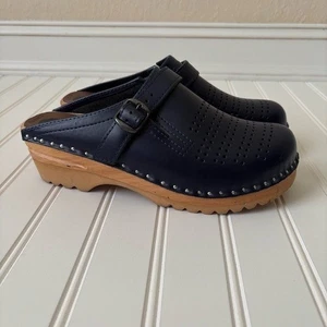 Troentorp | Women's Boho Leather Dark Blue Julius Swedish Clogs Size 38 US 8 - Picture 1 of 8