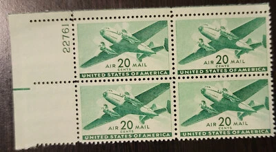 Scott #C29 Twin-motored Green Transport Plane Plate Block of 4 Stamps - MNH - Image 1 of 2
