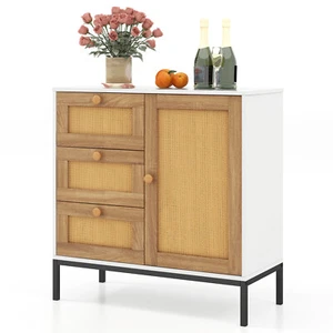 Rattan Buffet Sideboard w/ 3 Drawers & 1 Door Sturdy Metal Legs Storage Cabinet - Picture 1 of 10