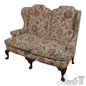 67593: Vintage Queen Anne Wing Back Loveseat Settee w. Crewelwork - Picture 1 of 22