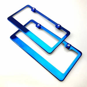 2x Blue Chrome Stainless Steel License Plate Frame Screw Cap Combo Set Car Suv - Picture 1 of 12