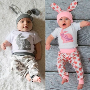 Infant Baby Boys Girls Easter Rabbit Printed Romper Bodysuit+Pants Hat Outfits - Picture 1 of 28