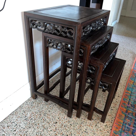Antique Stack of 4 Carved Fruit Leaf Dark Wood Mahogany Nesting Tables Cover