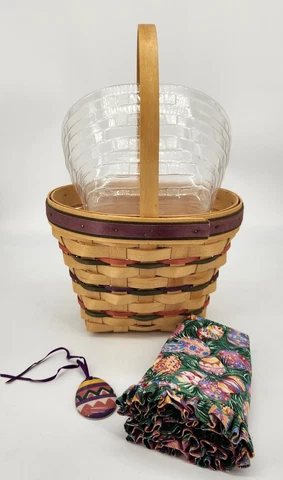Longaberger 1996 Vintage Unstained Easter Basket Set+Protector+Liner+Tie On Cover