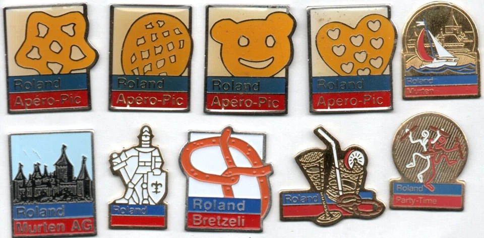 🛒Pin-Konvolut 10 Schweizer Snacks Pins Roland Bretzeli Apero-Pic Murten Rarität - Bild 1 von 1