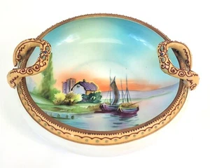 Nippon Decorativo 2 Manici 5,5" x 6" Ciotola Piatto Scenico Barche Lago Fattoria ~ T179 - Foto 1 di 9