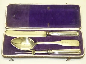 Antique 1800s Silver 3 Pc Youth Flatware Set Fork Spoon Knife w/ Case Pre 1900 - Picture 1 of 13