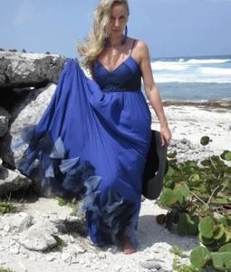 Free People Gr. 2 Chiffon Maxi blau bestickt Spaghetti Kleid periwinkle blau - Bild 1 von 7