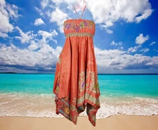 Women Summer Dresses, Sundress ,Orange Handmade Boho Dress, Printed Uneven S/M