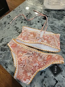 ZAFUL Neon Orange Textured Paisley Cinched Bandeau Front Tie Bikini size 6 NWT - Picture 1 of 8