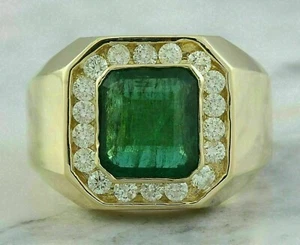 3CT Asscher Cut Simulated Emerald Engagement Men's Ring 14k Yellow Gold Plated - Picture 1 of 6