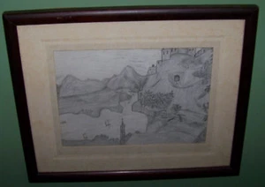 ANTIQUE PENCILED SKETCH CASTLE DRAWING EUROPEAN TOWN - Picture 1 of 4