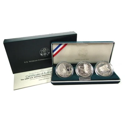 U.S Veterans Commemorative Silver Dollars 3 Coin Set Proof OGP COA - Image 1 of 4
