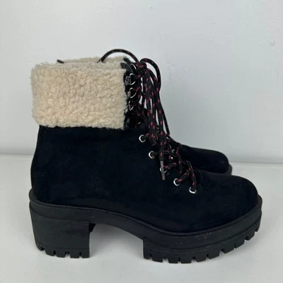 Forever 21 Womens Lace-Up Chunky Heel Fleece Faux Suede Black/Beige Booties 6  - Image 1 of 4