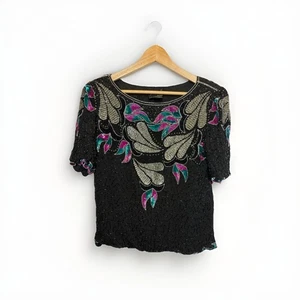 Kuku From Sudi Vintage Size Small Black Silk Beaded Sequin Blouse 80s 90s Glam - Picture 1 of 13