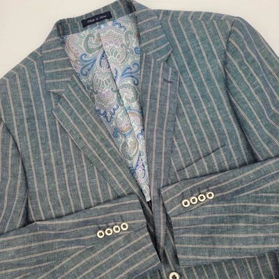 Blazer Alan River Para Hombres Denim Azul Marrón Rayas Mezcla Lino/Algodón XL (42R) Foto 1 de 4