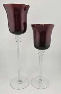 TWO (2) Ruby Red Candle Holders Glass Tulip Stemmed Votive 9"H & 11"H - Picture 1 of 10
