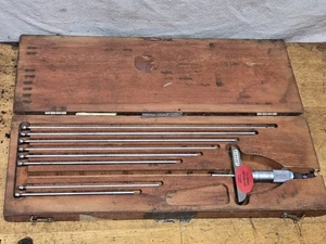 Starrett 445 Maquinista Micrómetro Medidor de Profundidad Juego Calibre 0-9" Herramienta Estuche de Madera - Imagen 1 de 5