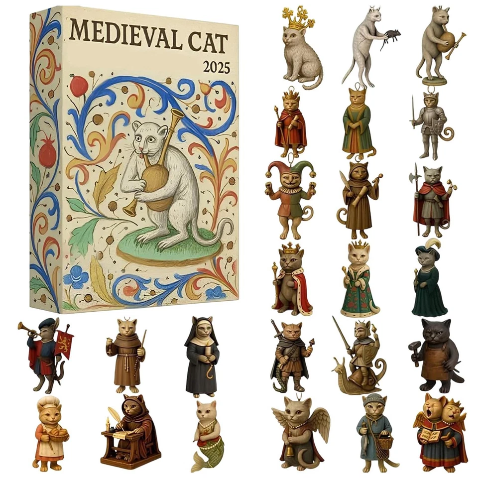 Christmas Cat Ornament Countdown Calendar 24 Day Medieval Theme Flat Toy Decor - Image 1 of 4