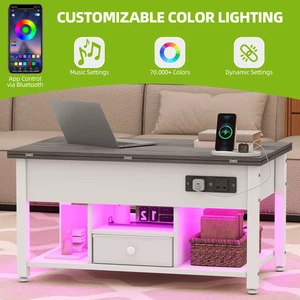 White & Grey 4-in-1 Lift-Top Coffee Table Foldable Drawer RGB LED Type-G Outlets - Picture 1 of 7
