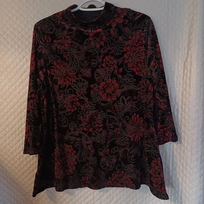 Blusa Chico's Holiday Negra Borgoña Burnout Terciopelo Floral Cuello Simulado Mujer L Foto 1 de 4