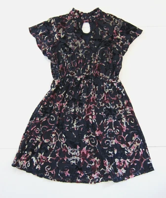 Vestido Bongo Azul Rosa Floral Elastizado Terciopelo Cuello Alto Boho Vaina Imperio Pequeño Foto 1 de 4
