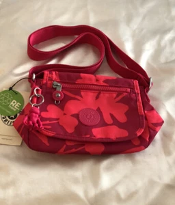 Kipling Sabian Nylon Mini Crossbody Bag Coral Print With Monkey Key Chain NWT - Picture 1 of 12