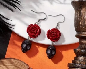 Handmade Black Skull and Red Rose Dangle Earrings - Picture 1 of 2