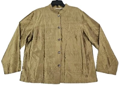 Jaqueta Shacket French Laundry~Mulher Tamanho 1X~Ouro 100% Seda Bordada a Botões - Imagem 1 de 4