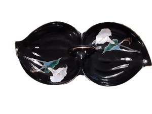 MCM Yamaji Toyo Japan Serving Dish Divided Double Leaf Black Gold Floral Pink - Picture 1 of 12