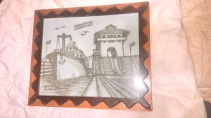 Framed Charcoal on Seude Leather Picture Naval Ship In Panama Canal - Picture 1 of 6