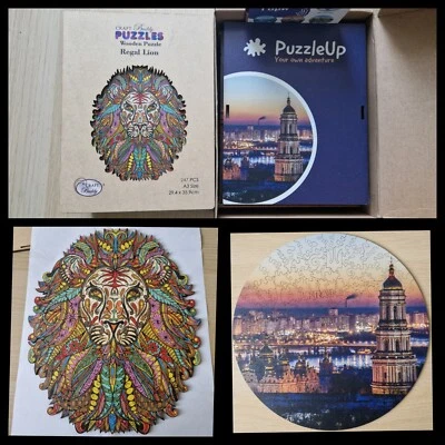 2 Wooden Jigsaw Whimsy Puzzle Bundle Ukraine Cityscape & Craft Buddy Regal Lion  - Image 1 of 4