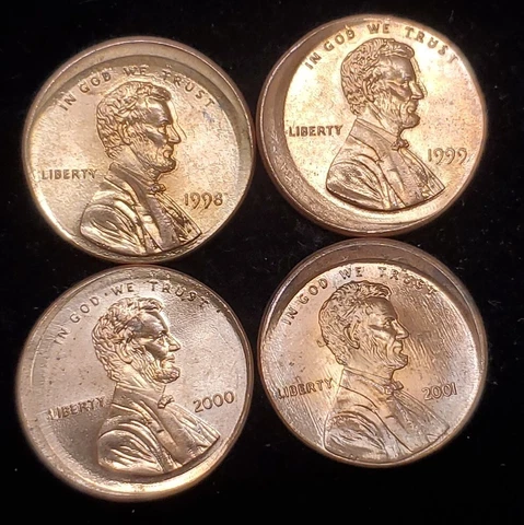 Date Set Of 4 - 1998 To 2001 Memorial Cent Uncentered Broadstrike Errors *H3 Cover