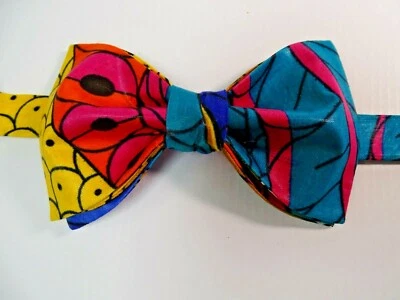 Handmade Mens African Print Kente Bow Tie Handkerchief Pre-tied Bright Colorful - Image 1 of 4