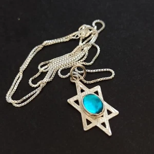 VTG Silver Star of David Necklace Blue Glass Sterling 925 Men's Woman Gift 18 in - Picture 1 of 20