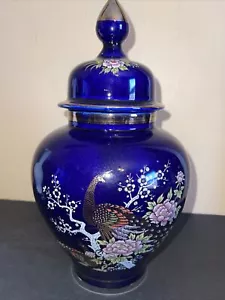 11.5” Tall Ginger Jar With Lid Peacocks Gorgeous Cobalt Blue EUC - Picture 1 of 8