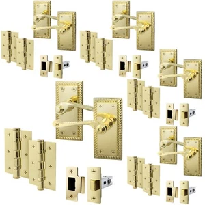 Polished Brass Georgian Scroll Door Handle & Latch Set with Hinges 76mm | 5 Pack - Picture 1 of 7
